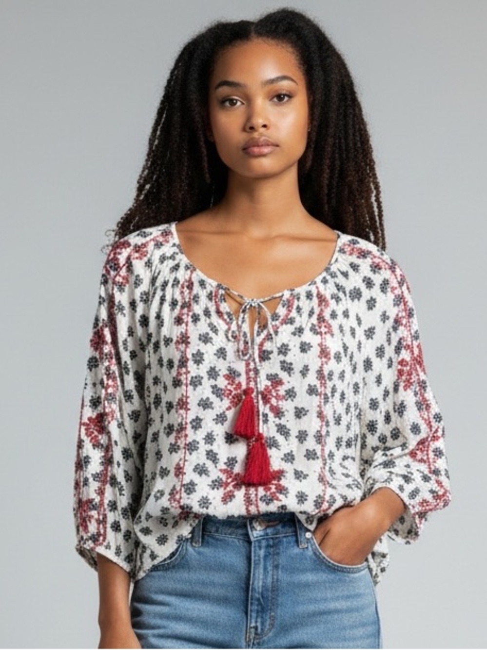 Boho Embroidered Tie-Front Peasant Top M 22” p2p White/Red & Navy Floral EU